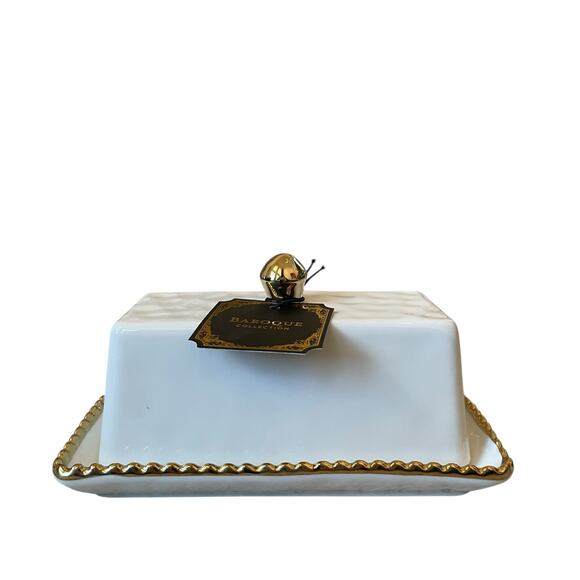 Baroque Covered Butter Dish 7in White Ceramic w/ Gold Beaded Trim Glam NEW - Picture 5 of 15